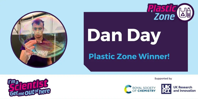 Graphic showing Dan Day winner of the I'm a Scientist programme